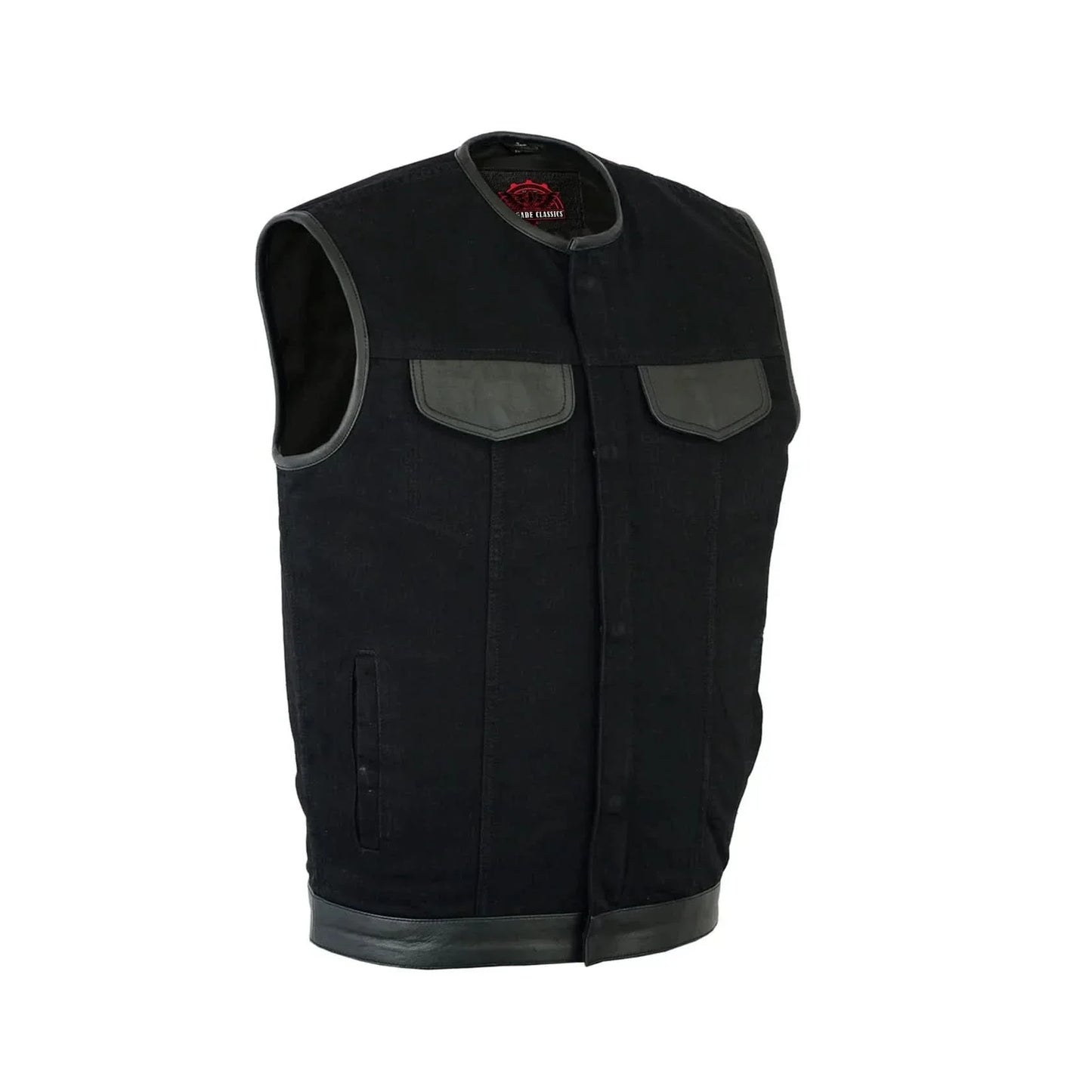 Men's Black Denim Single Panel Concealment Vest W/ Leather Trim