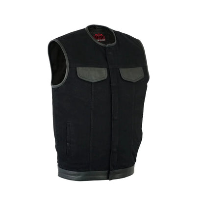 Men's Black Denim Single Panel Concealment Vest W/ Leather Trim