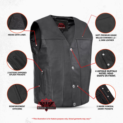 Buffalo Nickel Black Leather Vest for Men - Customizable Back & Satin Liner