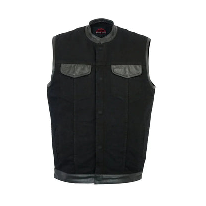 Men's Black Denim Single Panel Concealment Vest W/Leather Trim-
