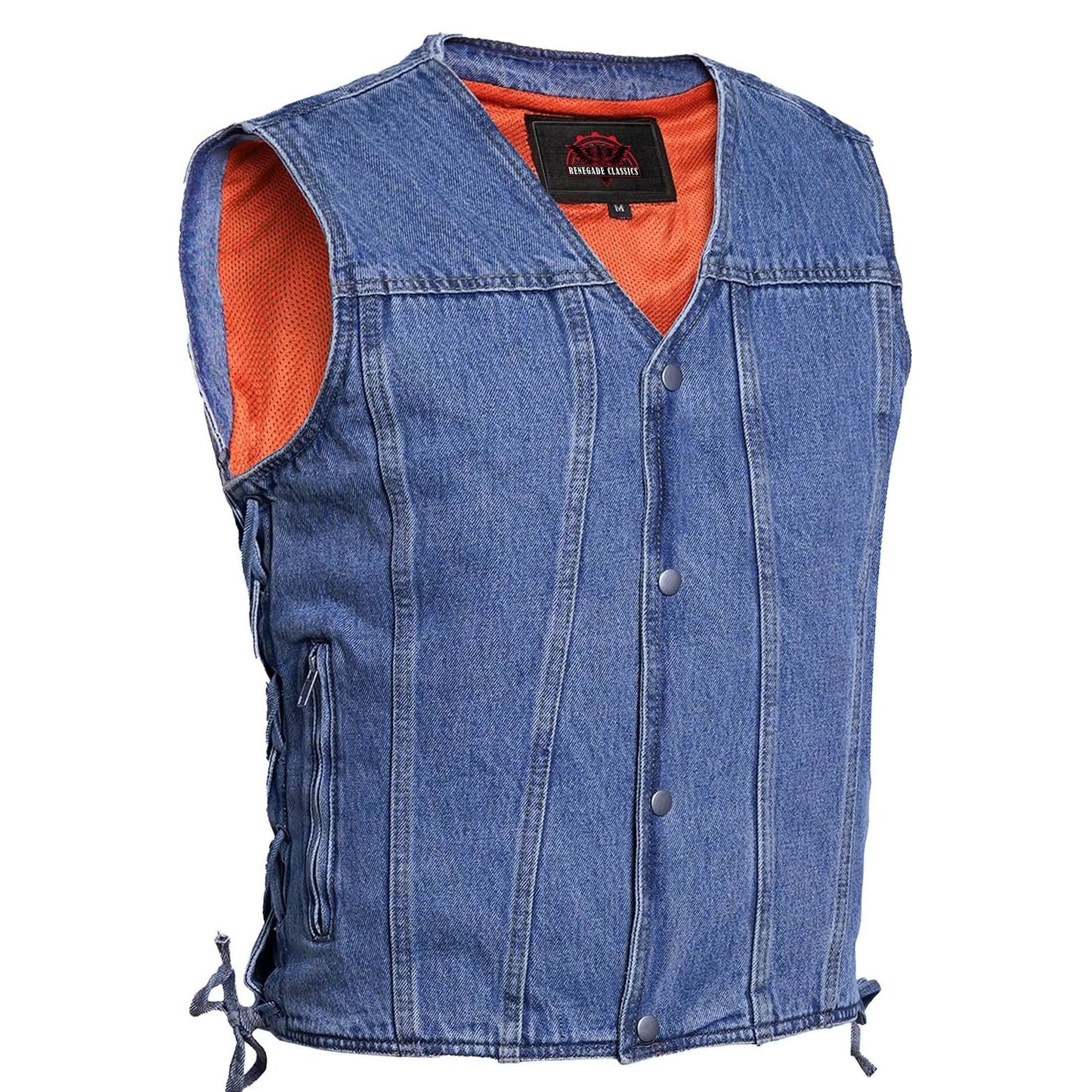 Men's Blue Denim Motorcycle Vest with Lace & Pockets