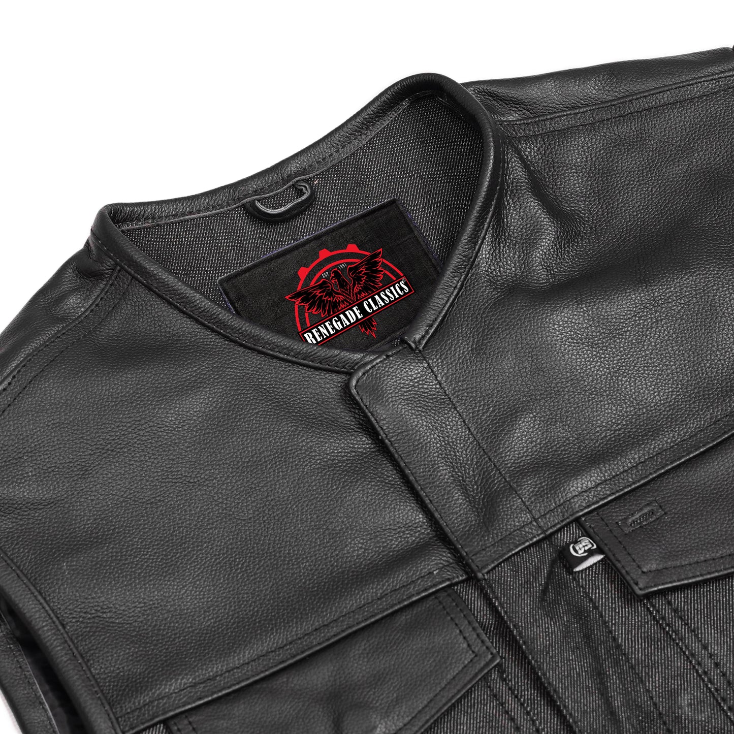 Men's Leather-Denim Combo Motorcycle  Vest - No Collar