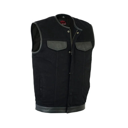 Men's Black Denim Single Panel Concealment Vest W/ Leather Trim
