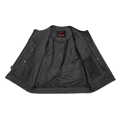 Men's Leather-Denim Combo Motorcycle  Vest - No Collar