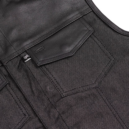 Men's Leather-Denim Combo Motorcycle  Vest - No Collar