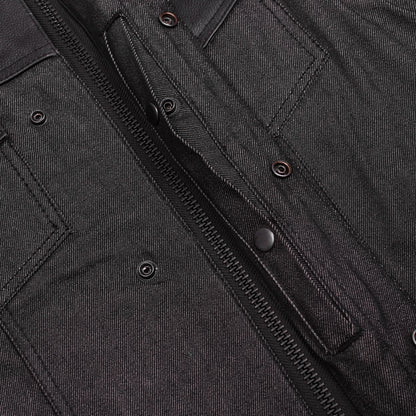 Men's Leather-Denim Combo Motorcycle  Vest - No Collar