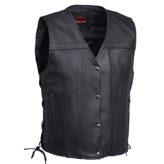 Clubster Men's Black Milled Cowhide Side Lace Motorcycle Leather Vest
