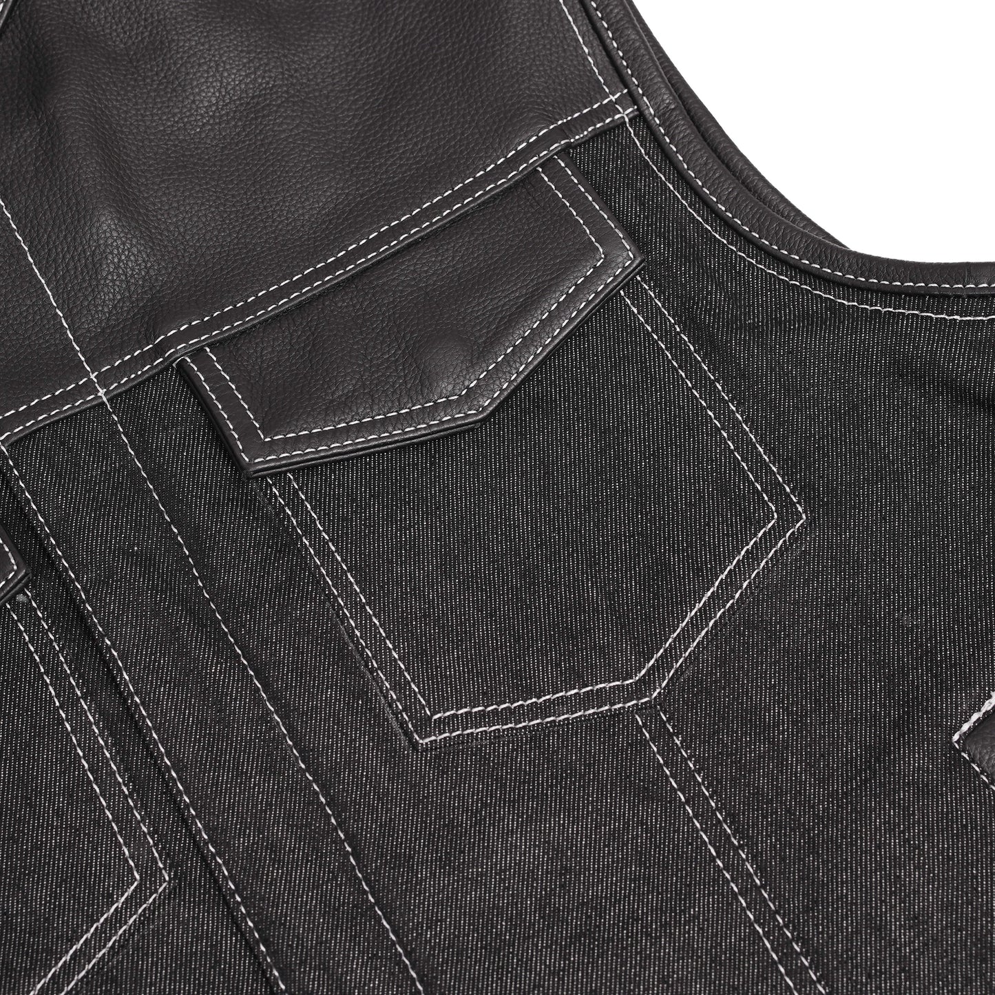 Men's Leather-Denim Combo Motorcycle Vest w/ Scoop Collar