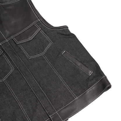 Men's Leather-Denim Combo Motorcycle Vest w/ Scoop Collar