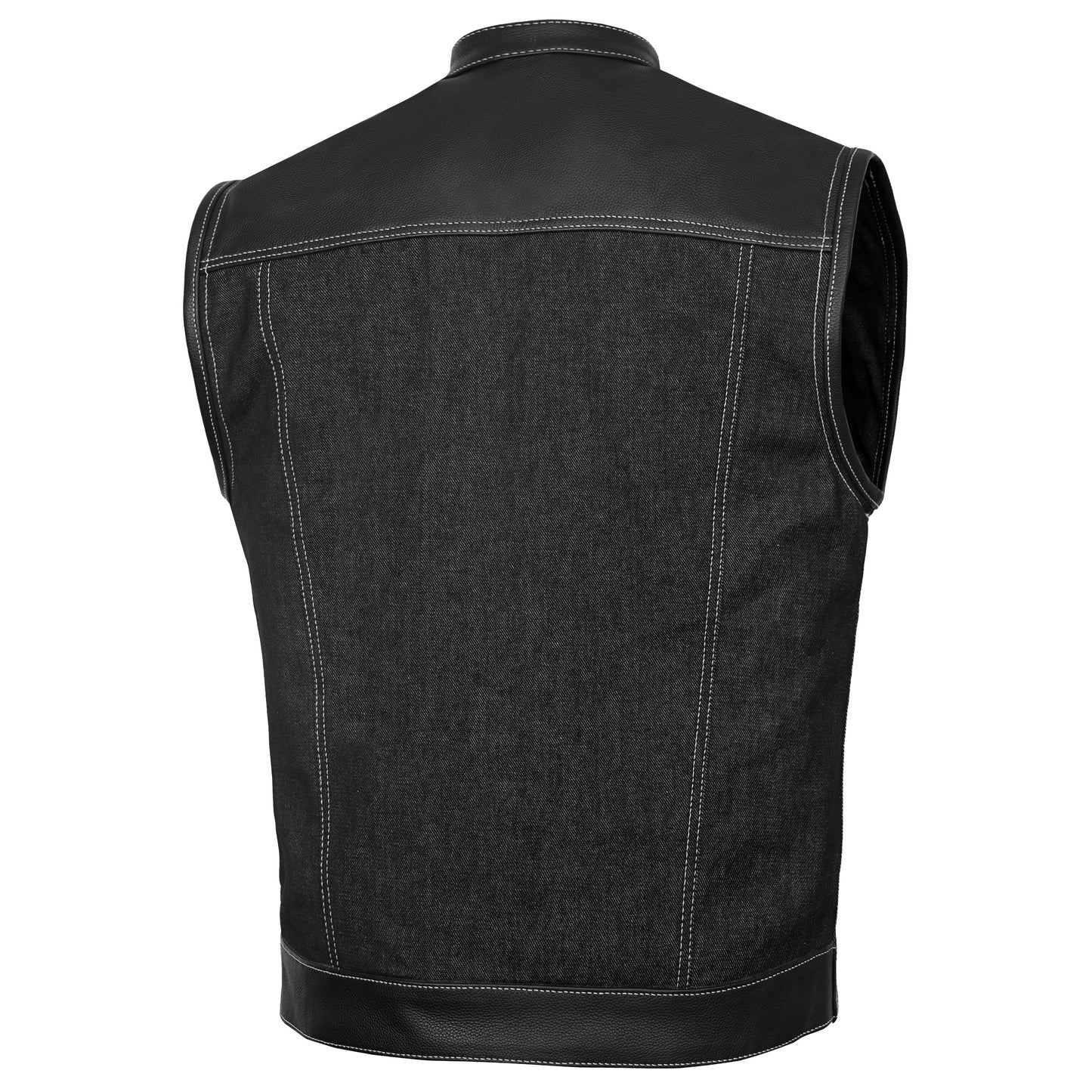 Men's Leather-Denim Combo Motorcycle Vest w/ Scoop Collar