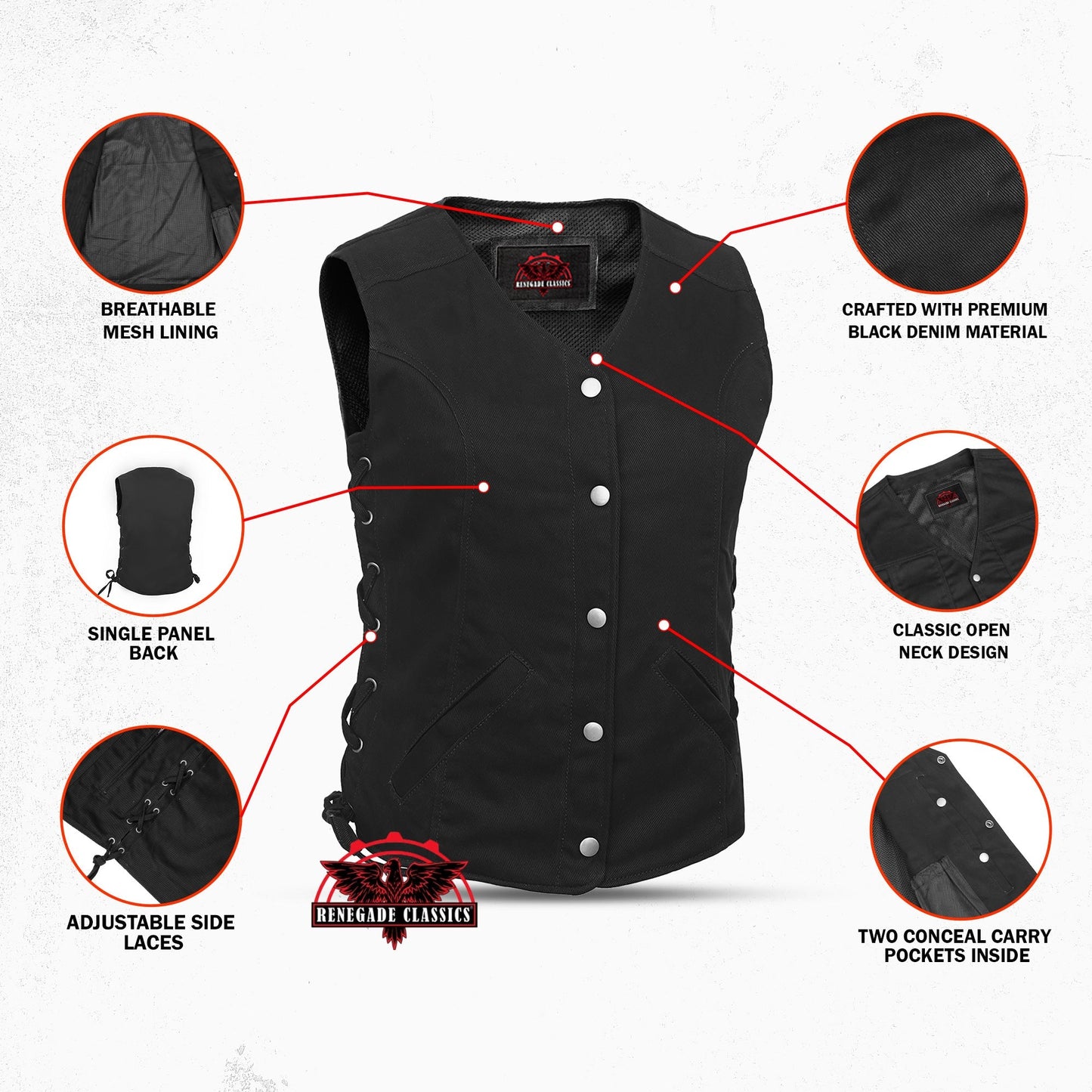 Women's Denim Longer Body ¾ Vest - Side Laces