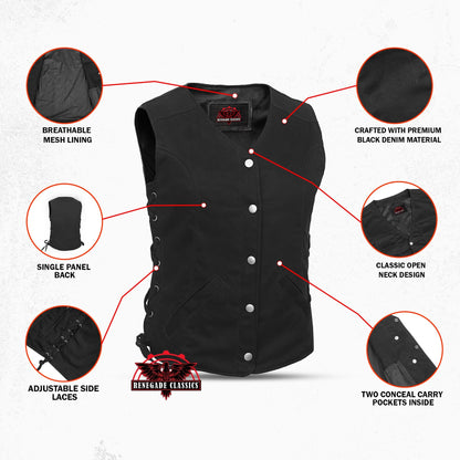 Women's Denim Longer Body ¾ Vest - Side Laces