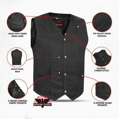Men's Traditional Motorcycle Denim Vest with Plain Sides