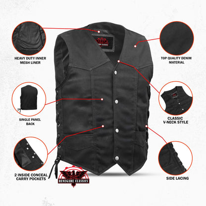 Men's Traditional Denim Motorcycle Vest with Side Laces – Smart Access Pockets