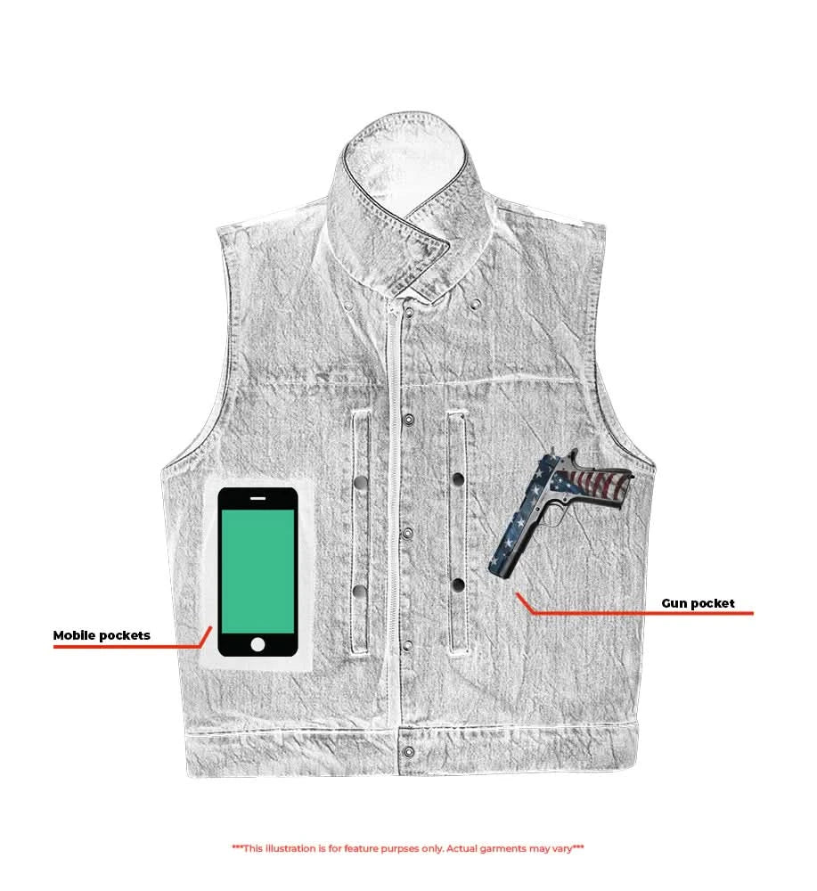 Blue Men's  denim motorcycle vest with Snap/Zipper Front