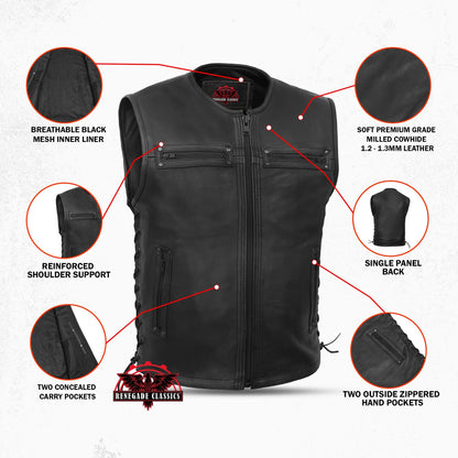 Men's Zipper Front Black Leather Motorcycle Vest