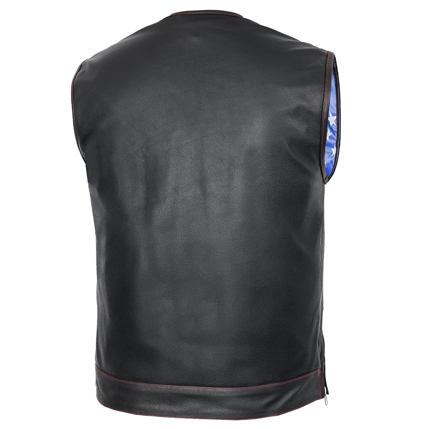 Men's Banded Collar leather Vest with USA Flag Lining & Red Stitching