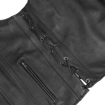 Men's Tall Classic Tapered Bottom Biker Leather Vest- Black