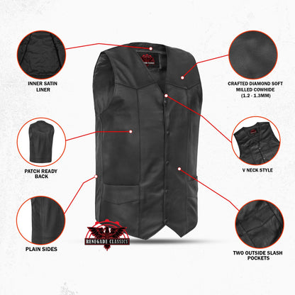 Men's Tall Classic Motorcycle Leather Vest - Black