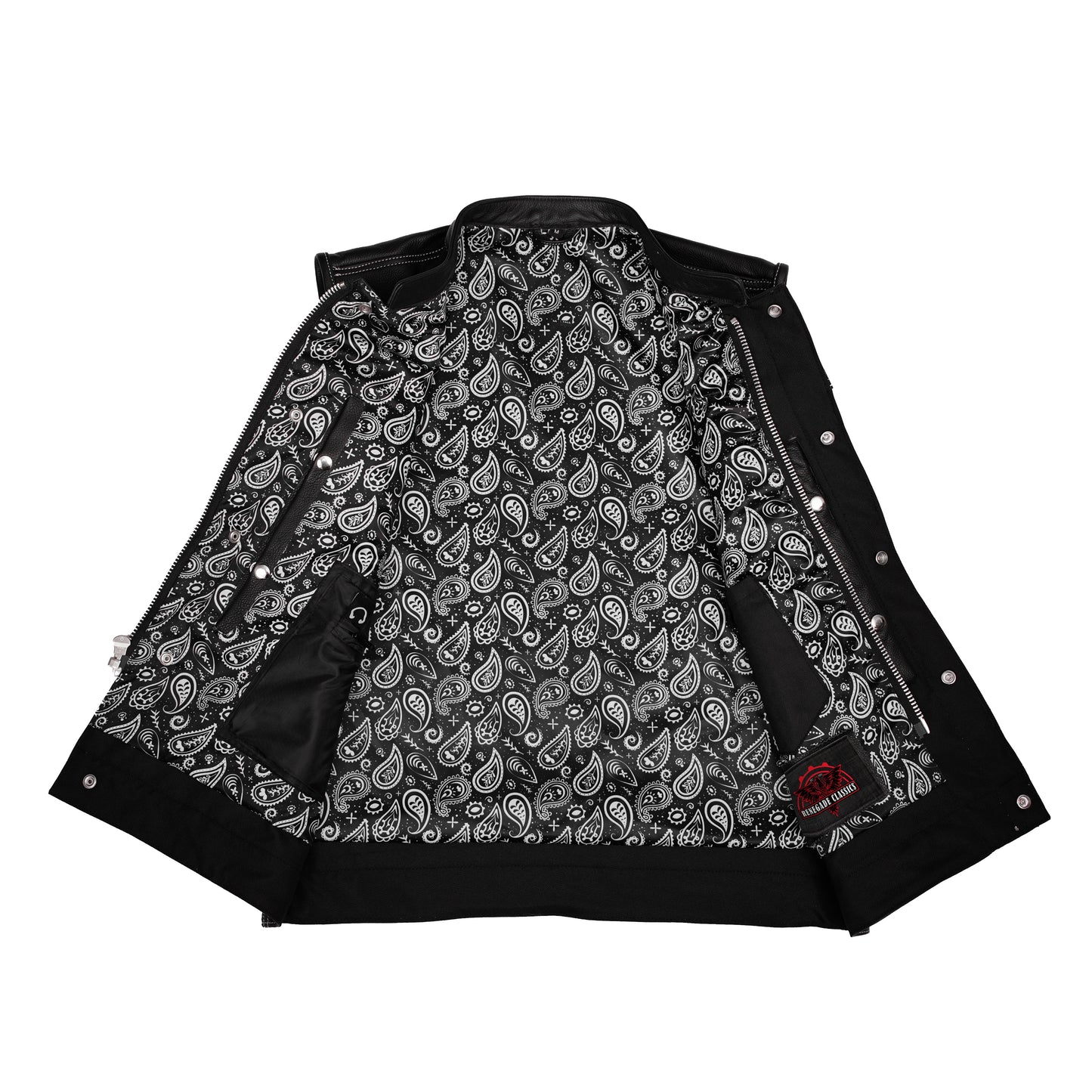 Men's Paisley Black Leather Motorcycle Vest with White Stitching