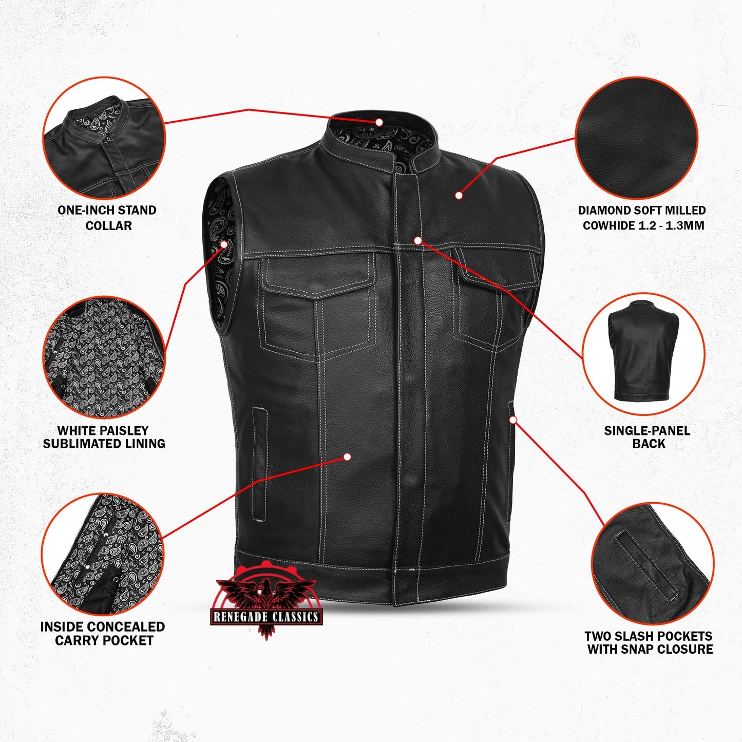 Men's Paisley Black Leather Motorcycle Vest with White Stitching