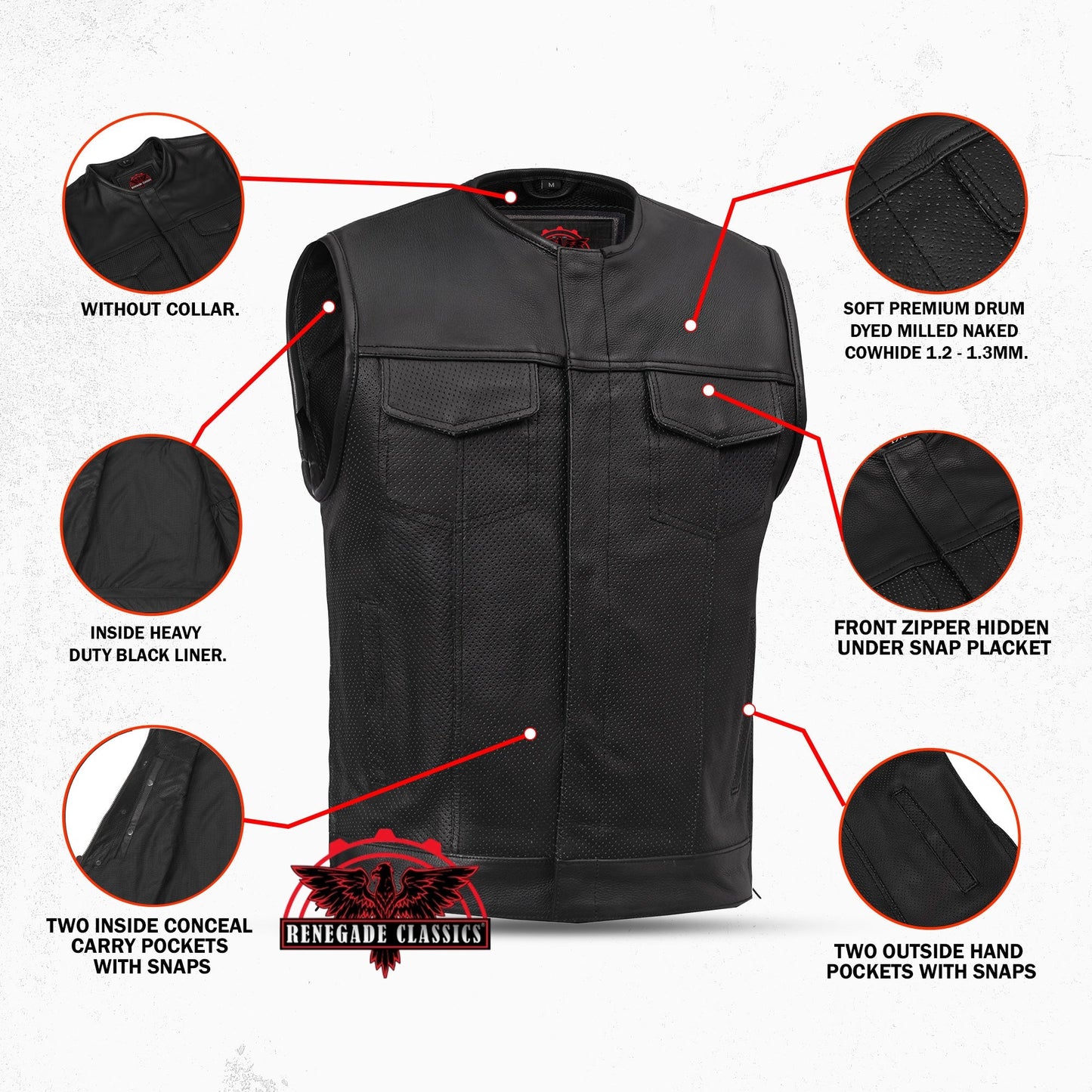 Men's Collarless Perforated Leather Vest - Black