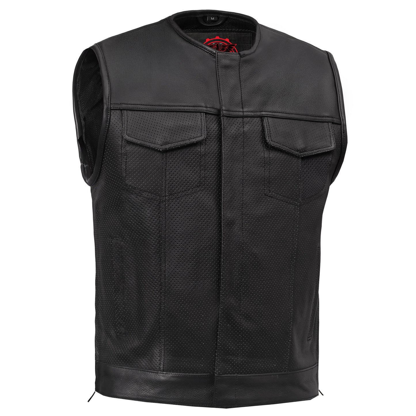 Men's Collarless Perforated Leather Vest - Black