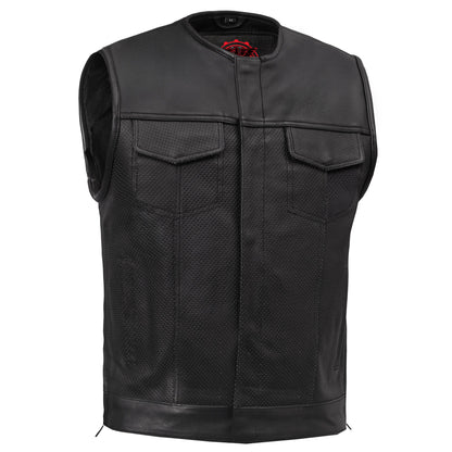 Men's Collarless Perforated Leather Vest - Black