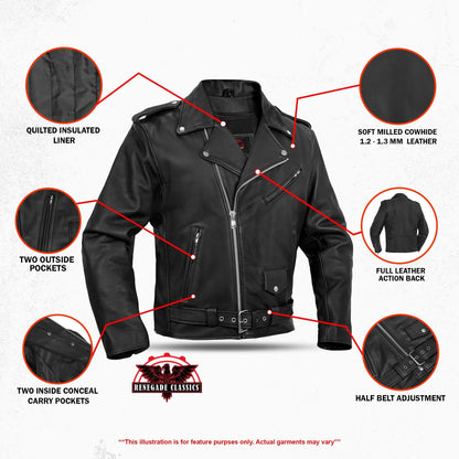Men's Classic Plain Side Style Motorcycle Jacket - Black