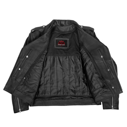 Men's Classic Plain Side Style Motorcycle Jacket - Black