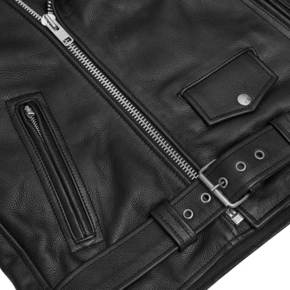 Men's Classic Plain Side Style Motorcycle Jacket - Black