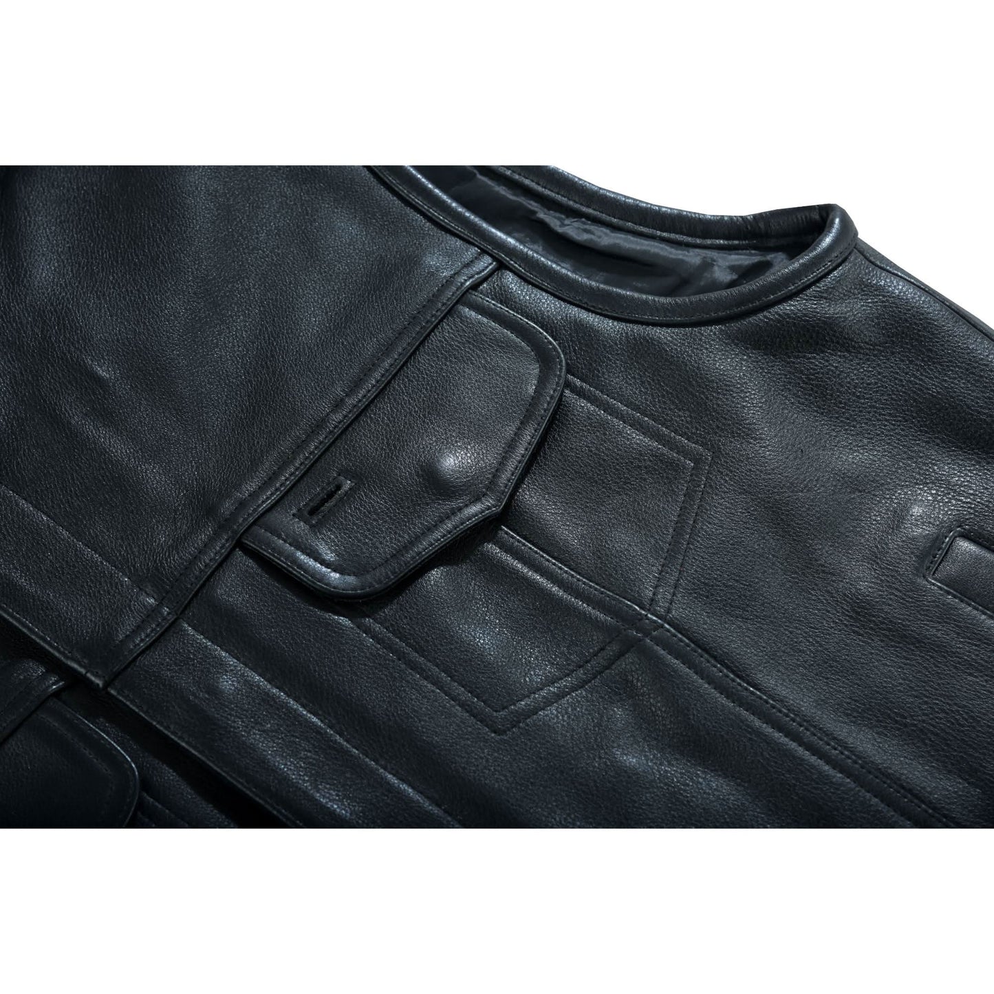 Highway Jack Men's Black Leather Motorcycle Vest Scoop Neck & Snap-Closure Pockets