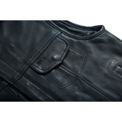 Highway Jack Men's Black Leather Motorcycle Vest Scoop Neck & Snap-Closure Pockets