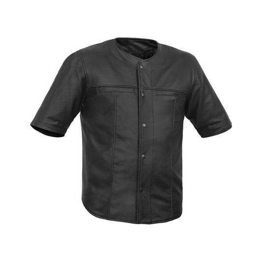 Men's  Leather Baseball Motorcycle Shirt - Black