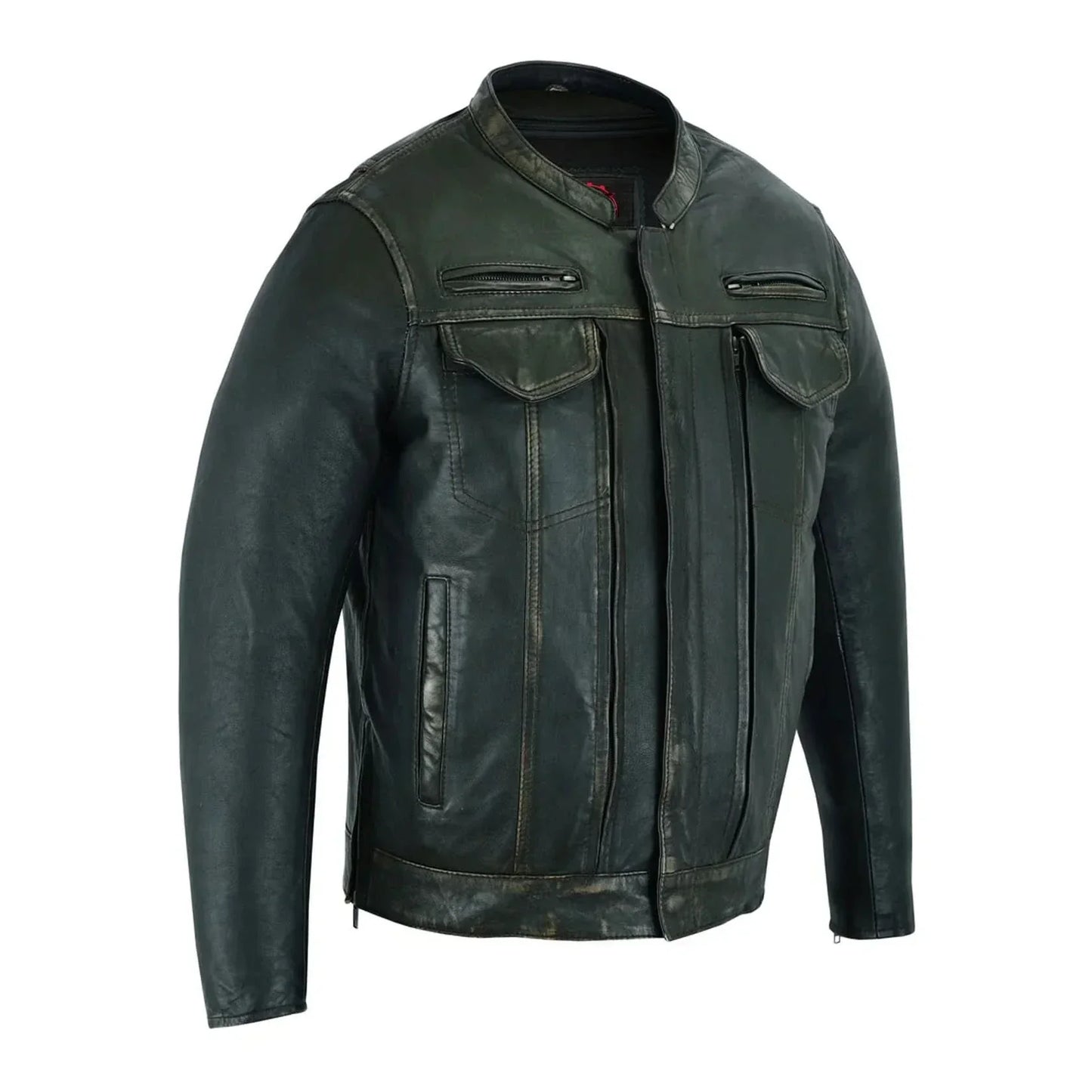 Men's Modern Utility Style Jacket in Lightweight Drum Dyed Distressed Naked Lambskin