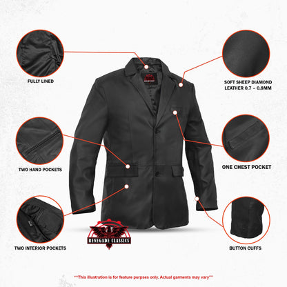 Retro Trim Men's Black Sheep Skin Leather Blazer