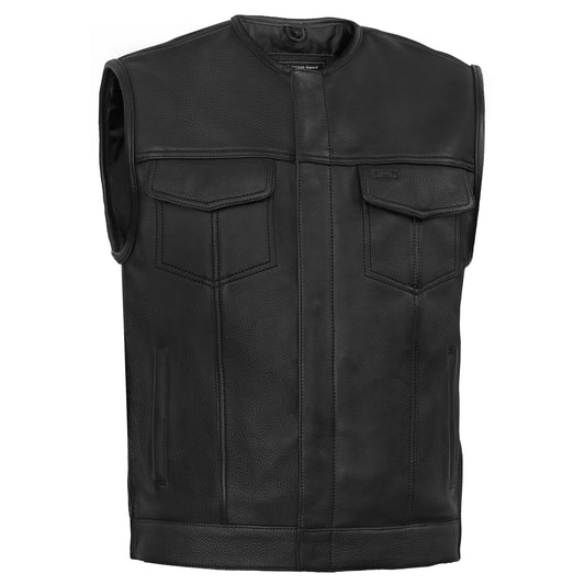 Men's Black Leather Motorcycle Vest with Upgraded Style
