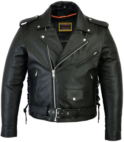 Men's Classic Side Lace Black Leather Motorcycle Jacket