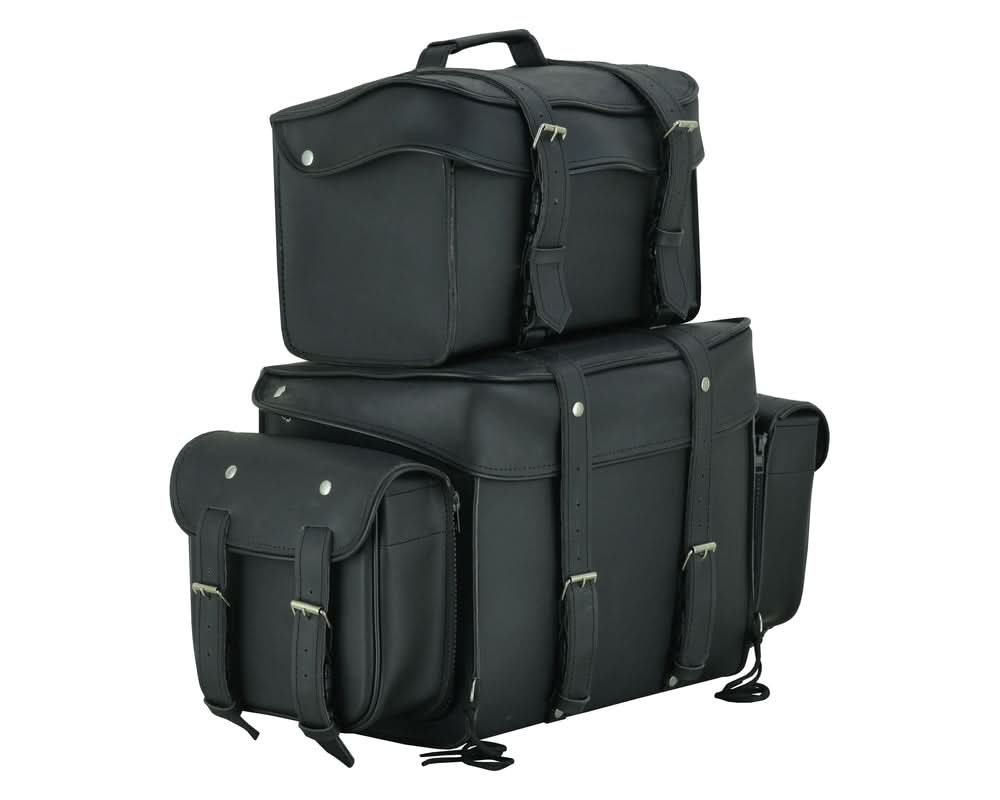 Leather Black PVC Large Four Piece Motorcycle Touring Tail Bag