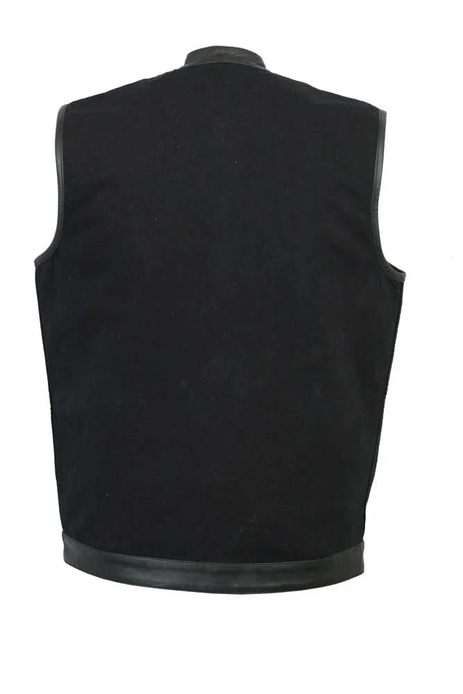 Men's Black Denim Single Panel Concealment Vest W/Leather Trim-