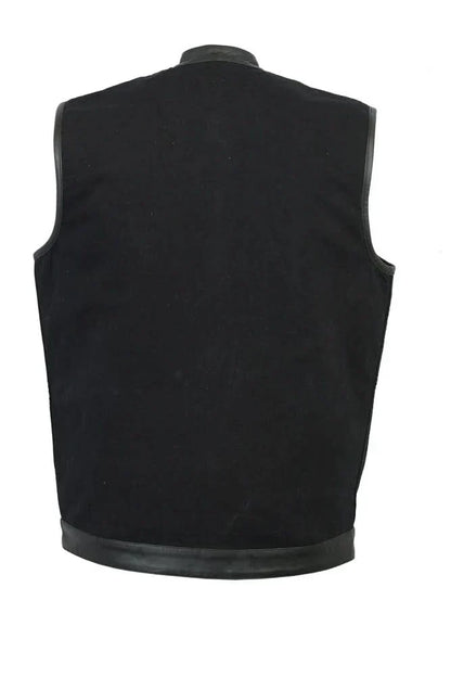 Men's Black Denim Single Panel Concealment Vest W/Leather Trim-