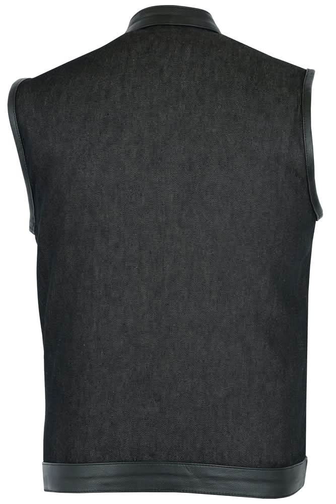 Men's Upgraded Rough Rub-Off Denim Motorcycle Vest w/Leather Trim