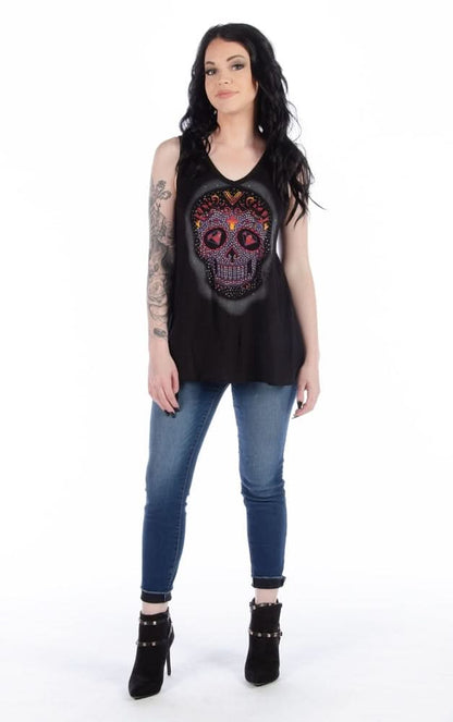 Women's Calavera Skull Lace Back Tank Top